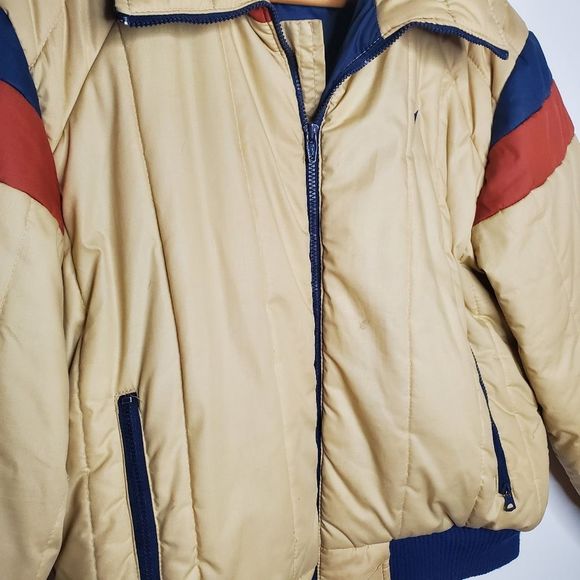 Vintage 80s Lightning Bolt Beige Blue Red Puffer Bomber Collared Coat Size L - Picture 2 of 6